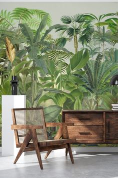 the wallpaper in this room is very tropical