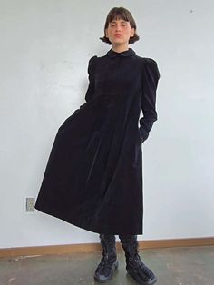 Vintage 80s laura ashley velvet dress. long length with long sleeves and a high neck collar. pleats at the chest with a zip up the back. in great vintage shape.    measurements (in inches)    36 in bust    38 in waist    62 in hips    45 in length    materials    cotton Black 70s, High Neck Collar, Velvet Dress Long, Vintage Dress 80s, Ashley Black, Church Dress, Church Dresses, Womens Vintage Dresses, Mid Dresses