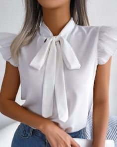 Bowknot Blouse, Ladies Chiffon Shirts, Cap Sleeves Blouse, Shirts Women Fashion, Estilo Chic, Bow Blouse, Short Sleeve Pattern, Hipster Fashion, Womens Tie