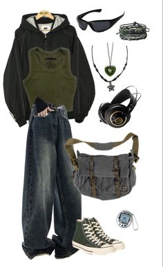 an image of clothing and accessories that include sunglasses, hoodie, jeans, belted pants