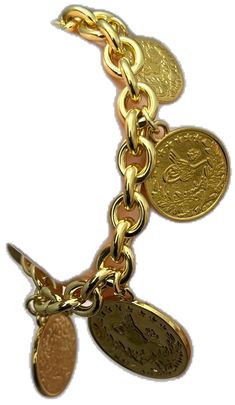 a gold bracelet with coins on it