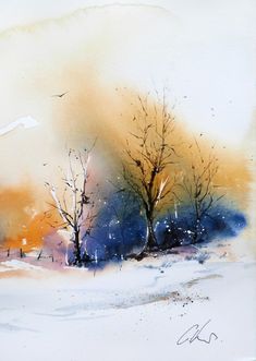 watercolor painting of trees in the snow with birds flying above them and an orange sky