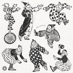 some clowns are doing different things in black and white ink, with polka dots on them