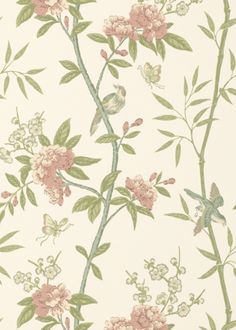 a floral wallpaper with pink flowers and green leaves on white background, featuring a bird sitting on a branch