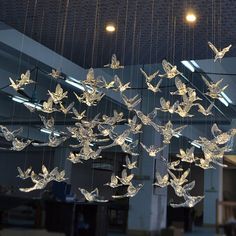 a group of glass birds hanging from the ceiling in front of a window with lights