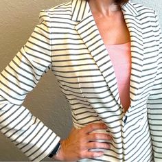 Brand: Express Item: Editor One Button Blazer / Suit Jacket Color: Black & White Pattern: Stripe Size: Medium Nwt Striped Outerwear With Buttons For Office, Fitted White Blazer For Office Wear, Trendy White Office Blazer, Striped Button-up Blazer For Work, Striped Business Casual Blazer With Button Closure, Striped Long Sleeve Blazer With Button Closure, Striped Blazer With Button Closure For Business Casual, White Blazer With Button Closure For Business Casual, Striped Fitted Blazer With Button Closure