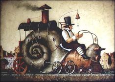 a painting of a man riding on the back of a snail with a top hat