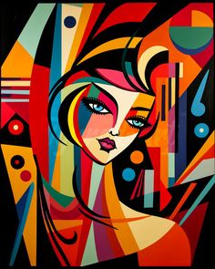 an abstract painting of a woman's face with multicolored lines and circles