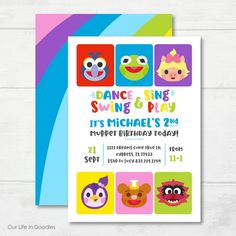 an image of a birthday party card with sesame and friends on the front, in bright colors