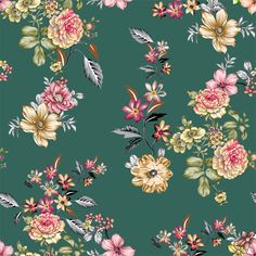 a green floral wallpaper with pink, yellow and white flowers on it's sides