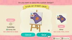 an animal crossing game screen with the character's name and other items on it