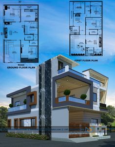 three story house plan with floor plans and elevation details