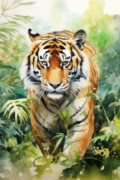 a painting of a tiger walking through the jungle