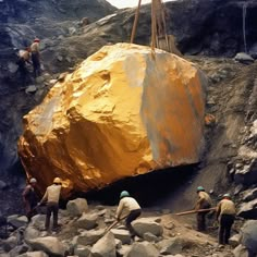 men are working on a large rock in the middle of a mountain side with one man standing next to it