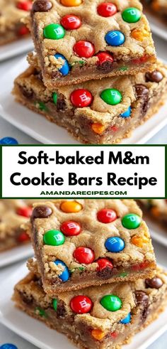 soft - baked m & m cookie bars recipe on a white plate with text overlay