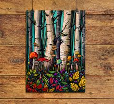 a painting of mushrooms and trees on wood