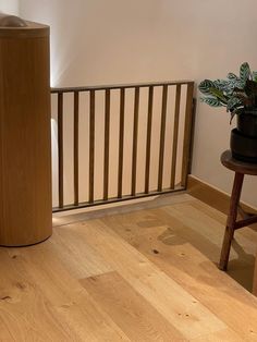 a wooden floor next to a plant in a pot on top of a table and chair