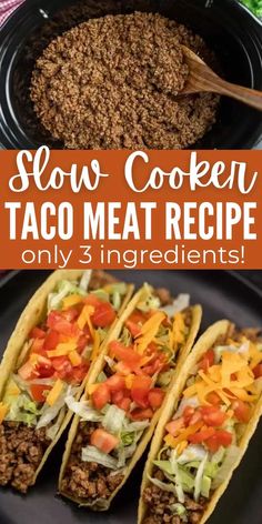 slow cooker taco meat recipe on a black plate with the title above it