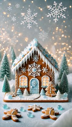 a gingerbread house surrounded by snowflakes and christmas trees