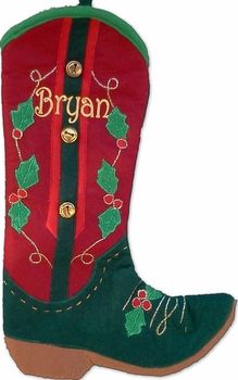 a christmas boot with holly and bells on the bottom, embroidered onto it's side