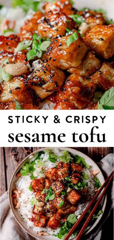 chicken and crispy sesame tofu served on rice with chopsticks in the foreground