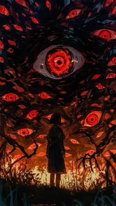 a person standing in front of an evil eye surrounded by trees and bushes with red eyes