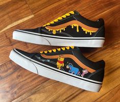 Hand painted pair of vans, featuring a childhood favorites, Winnie the Pooh! Happy to add details for you, for any major design edits please message me before ordering! 🌟 Old Skools are available in Velcro closure for all ages and sizes, please specify which closure you prefer! (Note that Velrco won't get gold accent laces) ⭐️ PERSONALIZATION IS FREE, you can add initials, a date, or any other small words or phrases to the shoes, let me know in the personalization box if you'd like to add this! Hand Painted Vans, Customised Vans, Custom Vans Shoes, Painted Vans, Custom Painted Shoes, Sneakers Athletic, Small Words, Custom Vans, Pooh Bear