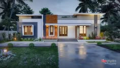 this is a 3d rendering of a modern style house in the evening time with palm trees surrounding it