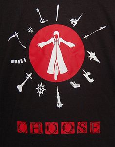 the back of a black shirt with red and white graphic on it that says choose