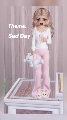 a woman in pink pants standing on top of a table with stuffed animals around her