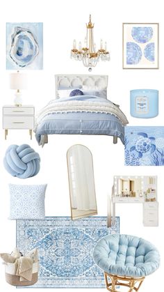 a blue and white bedroom is shown in this image, with accessories on the floor