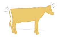 a yellow cow standing on top of a white floor next to a blue line drawing