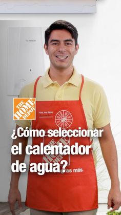 a man in an orange apron is standing next to a counter with food on it and the caption reads, como seleccinar el calendar de agua?