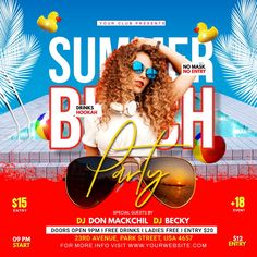 the flyer for summer beach party with an image of a woman in sunglasses and palm trees