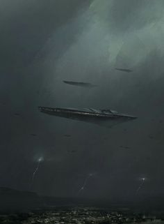 an image of a space ship flying in the sky with many lights on it's side