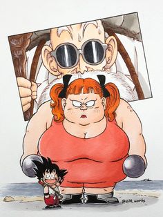 an image of a cartoon character being held up by a woman with glasses on her head