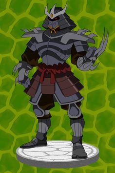 a cartoon character in armor standing on top of a white base with green background and red accents