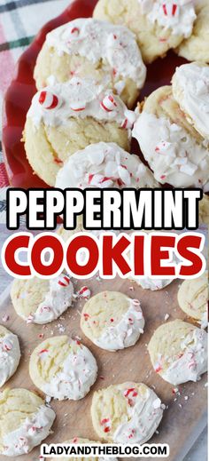 peppermint cookies with white frosting and sprinkles on a red plate