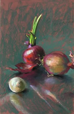 a painting of onions and an onion on a table