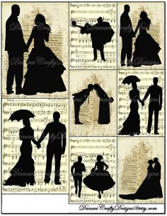 silhouettes of people holding hands and standing in front of sheet music with words that read,