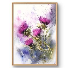 a watercolor painting of purple thistles on a white and blue background framed in wooden frame