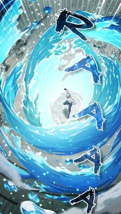 some anime characters are in the middle of an animated scene with blue water swirling around them