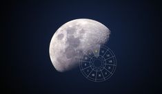 the moon is shown with an astro wheel on it's side in front of a dark blue sky