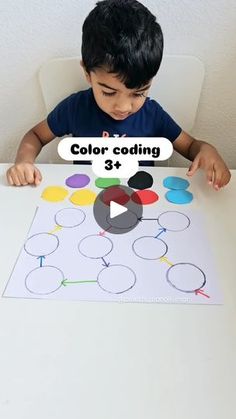 a young boy sitting at a table with a paper cut out to look like a circle