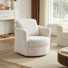 a living room with a white chair and fireplace in the corner next to a window