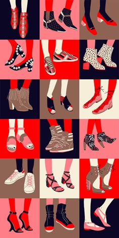 an image of many pairs of shoes in different colors and patterns on a black background