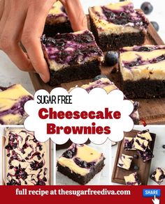 a collage of cheesecake brownies with blueberries