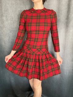 1980s 100% pure wool dress, 'Aljean of Canada'. Very fun for a holiday party or park with some fun tights for an 80's look. Fun Tights, 80s Look, Wool Dress, Plaid Dress, Drop Waist, Dress Clothes For Women, Holiday Party, Boston, Tights