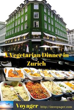 an advertisement for a restaurant called vegetarian dinner in zutrich, with the image of a green building behind it