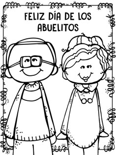 a coloring page with two children holding hands and the words feliz dia de los abu